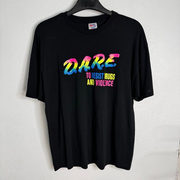 Vintage DARE D.A.R.E Neon Rainbow Single Stitch Black T-Shirt XXL - Picture 1 of 8